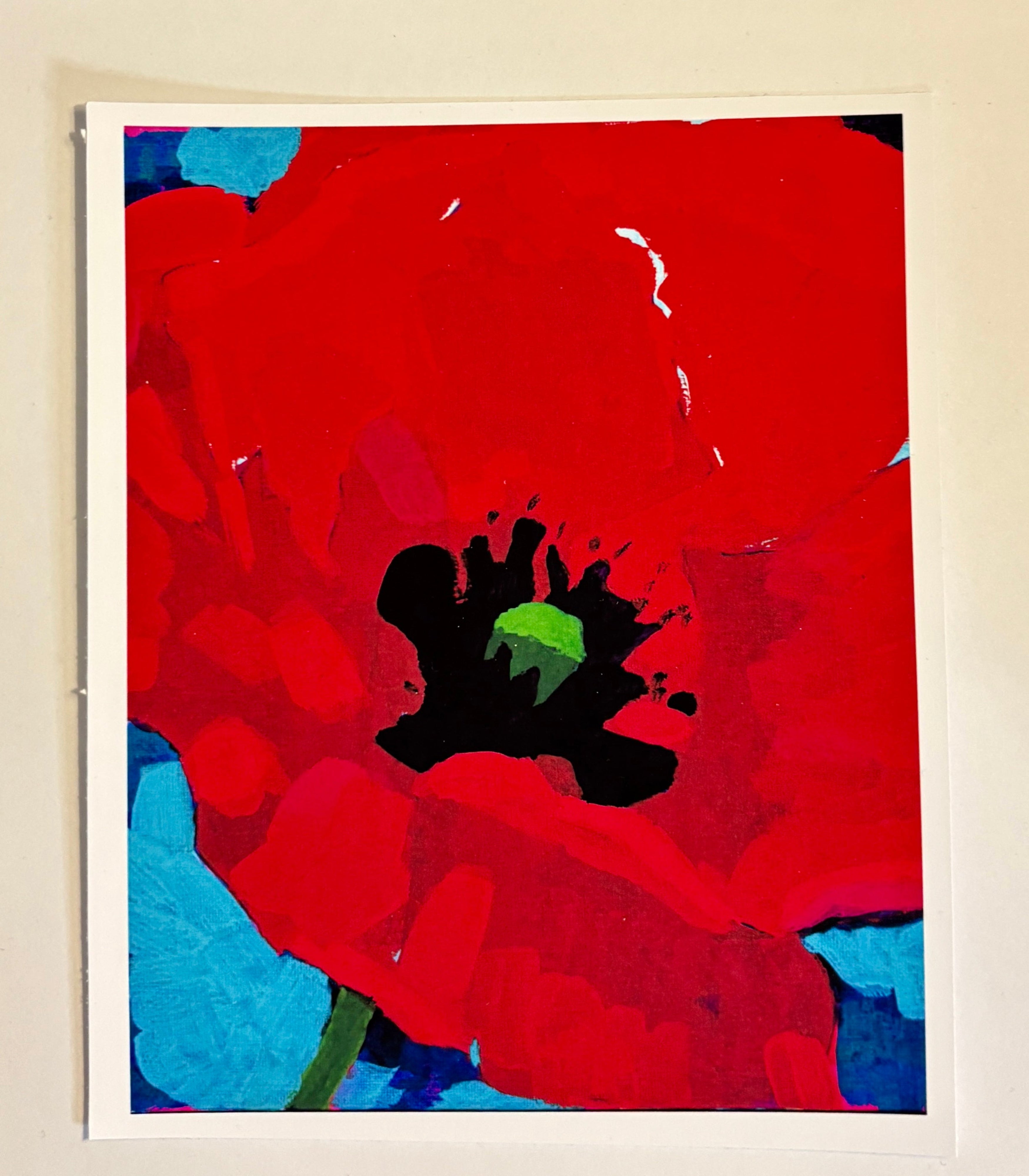 Abstract art piece with red, blue, and black colors on a beige background