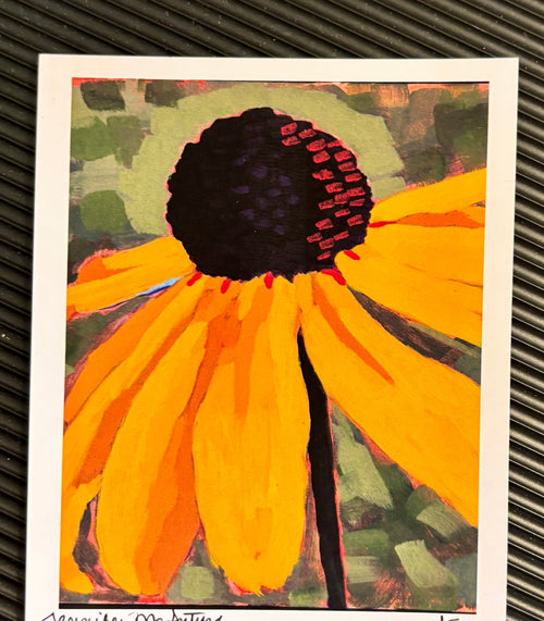 Artistic depiction of a yellow flower with a black center on a textured background